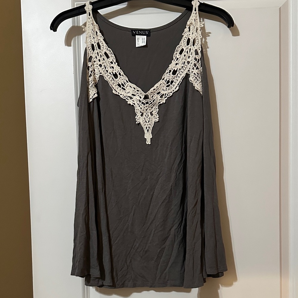 VENUS Charcoal Tank with Cream Lace Accent Cold Shoulder Blouse